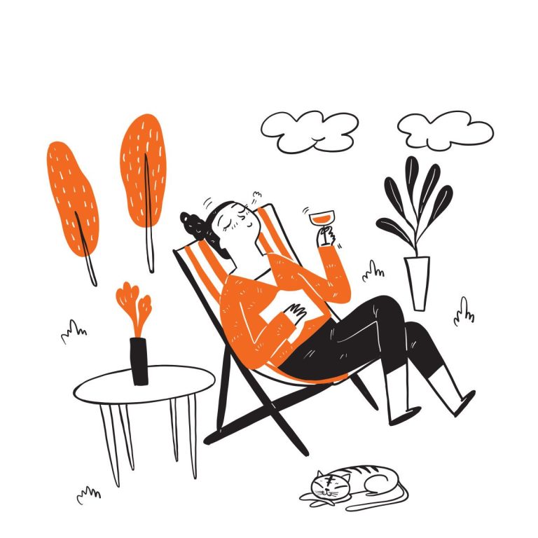 Illustration von einer Frau, die mit einem Getränk in einem Liegestuhl entspannt.