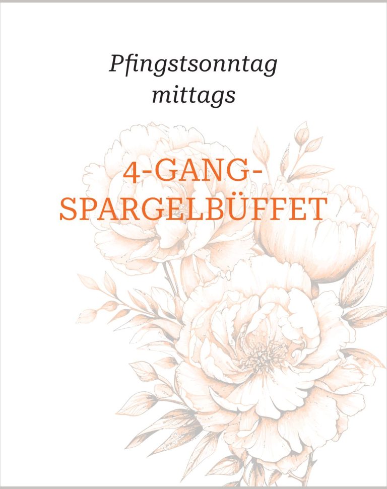 Bild mit Pfingstrose und der Info, dass es am Pfingssonntag mittags ein Spargelbüffet