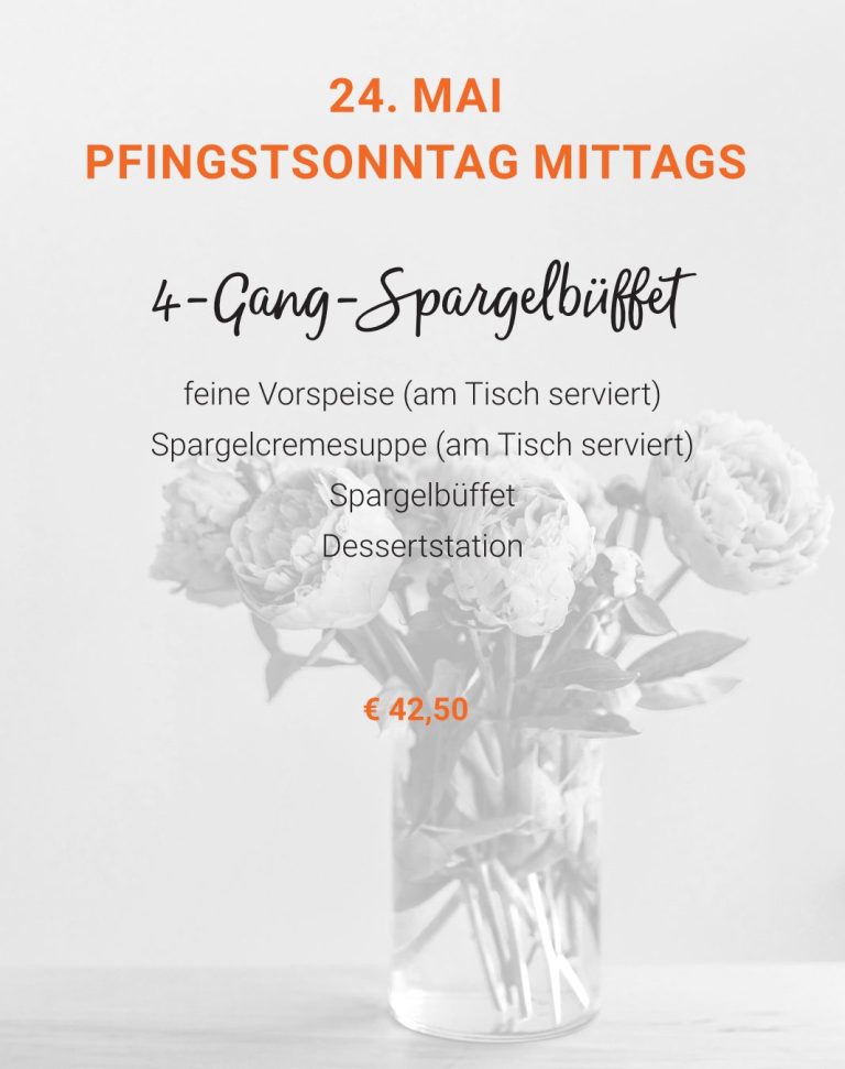 Bild mit Pfingstrose und der Info, dass es am Pfingssonntag mittags ein Spargelbüffet